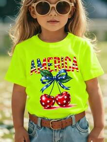 Camiseta de manga corta para niñas de moda de verano 'Día de la Independencia Americana' con elementos de la bandera americana 'AMERICA', estampado de dibujos animados de letras, lazo y cere - Rojo - Ver 6