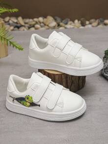 1 Pair Dinosaur Print Kids' Shoes, Suitable For All Seasons, Unisex, Student, Magic Tape, Comfortable, Casual, Non-Slip, Flat Bottom, Versatile, Fashionable, Sports Shoes - White - View 2