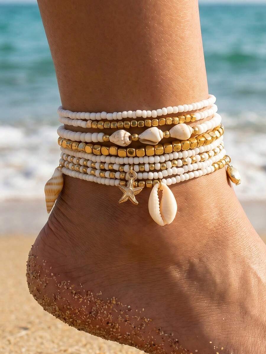 NAIZHU 8pcs Bohemian Ocean Style Starfish Shell Multi-Layer Beaded Anklet Set For Women, Vacation Style, Random Color - Multicolor - View 1