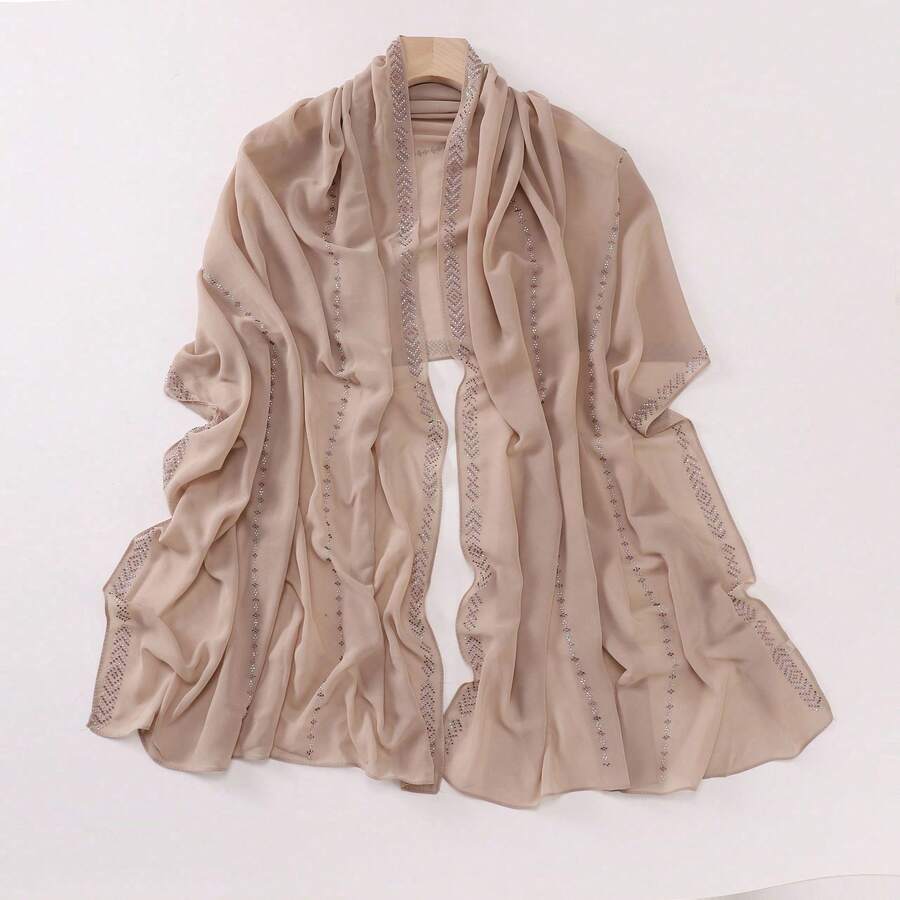 1 Piece Solid Color Rhinestone Chiffon Hijab, Elegant Faux Rhinestone Headscarf, Sunscreen Shawl For Women, Ideal For Dresses. - 黃色 - 查看 1