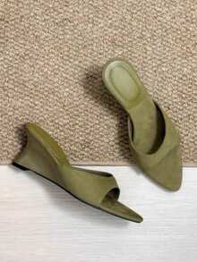 Women's Pointed Toe Wedge Slide Sandals, New Summer Slip-On Slippers, Niche Design High Heel Shoes - Dark Green - View 7