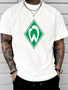 T-shirt décontracté à manches courtes en pur coton pour hommes, imprimé logo diamant géométrique vert, col rond, Top pour le port quotidien - Blanc - Voir 6