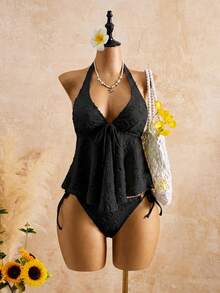 Conjunto de bikini de encaje con cuello halter y volantes para mujer: traje de baño de dos piezas favorecedor para aguas termales - Blanco - Ver 7