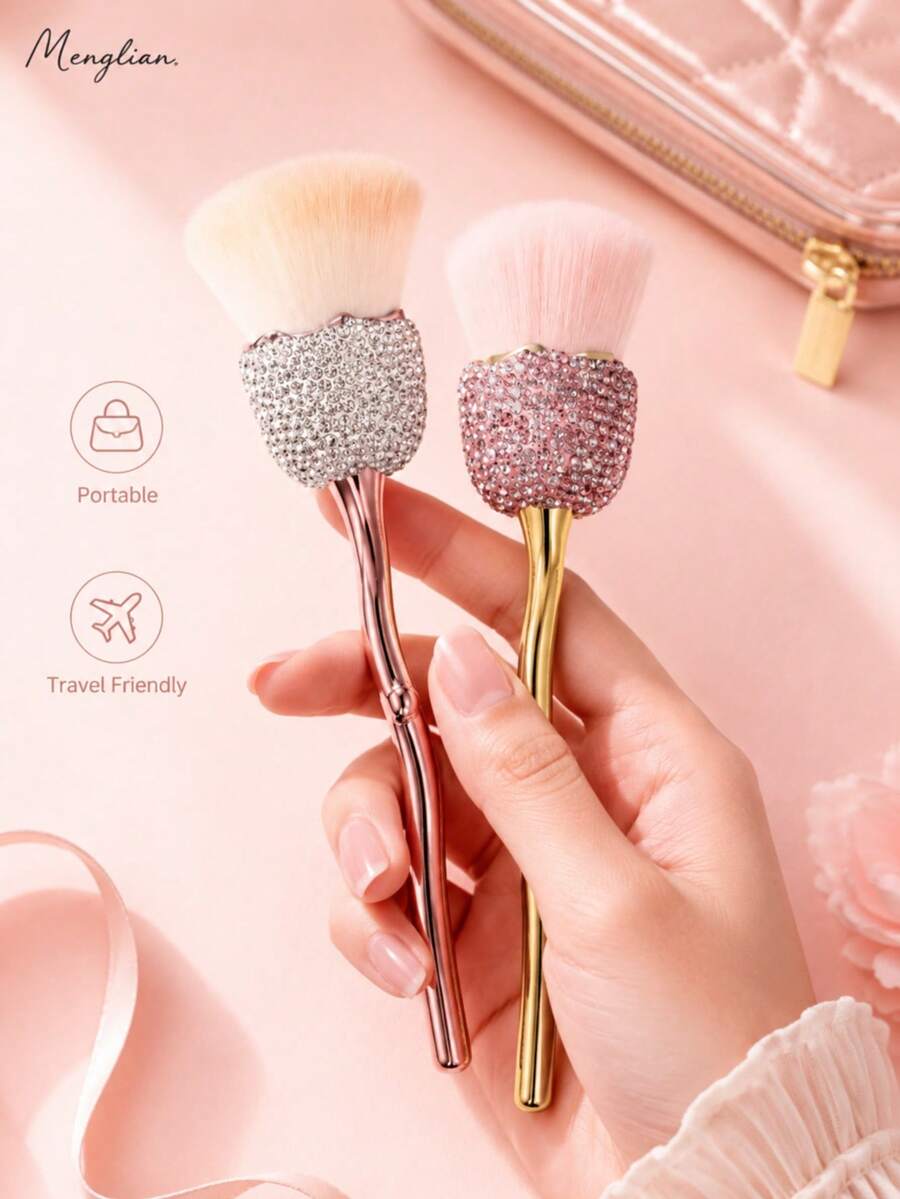 1 pieza Brocha de maquillaje con abanico de strass, brocha suave y esponjosa para polvo & iluminador con mango brillante, brocha facial para rubor, bronceador, fijación & maquillaje de viaje de verano - Multicolor - Ver 1
