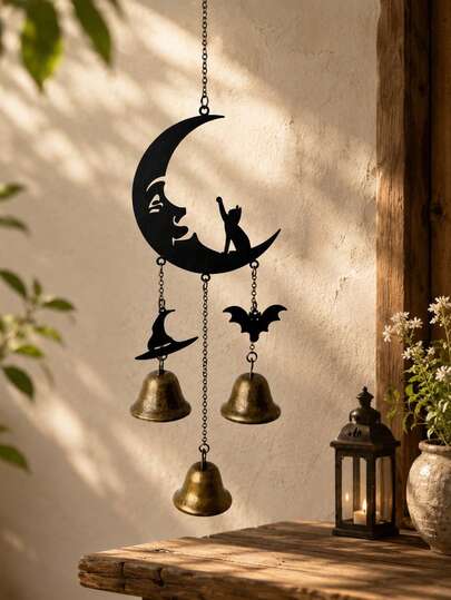 Halloween Black Cat Bell Hanging Decor, Vintage Iron Wind Chime, Suitable For Doors, Windows, Trees, Indoor And Outdoor Spooky Home Decoration, Country Gothic Style Craft Gift, Perfect For Halloween Enthusiasts