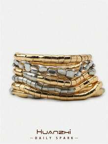 2 Elastic Cord Bracelets With Gold And Silver Color Blocks, European And American Style, 5-Piece Set, Simple And Versatile INS Style, Fashionable Bracelets For Everyday Wear - Aneka warna 3 - View 1