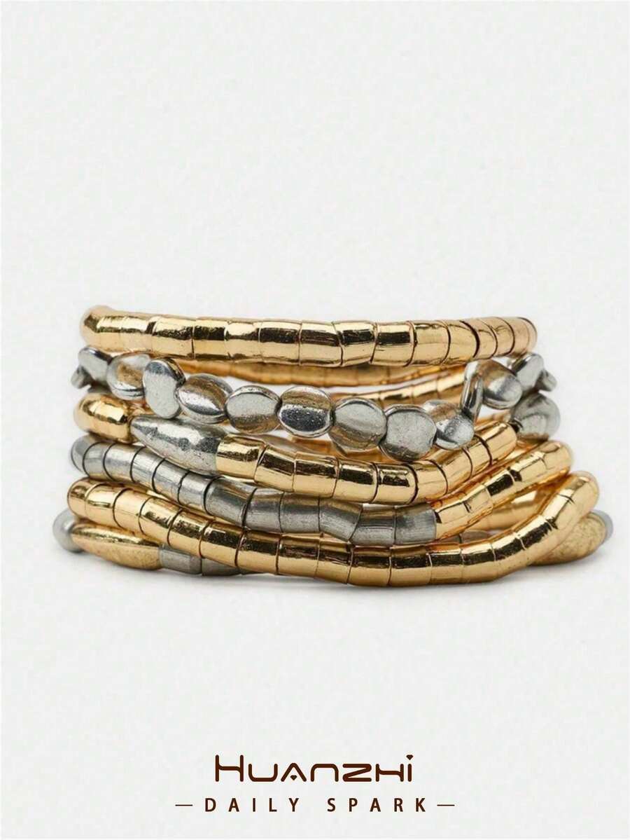 2 Elastic Cord Bracelets With Gold And Silver Color Blocks, European And American Style, 5-Piece Set, Simple And Versatile INS Style, Fashionable Bracelets For Everyday Wear - Aneka warna 3 - View 1