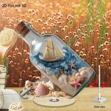 旋轉式 2D 壓克力航海裝飾品－玻璃感瓶身含船隻、錨、海星與貝殼，海洋主題底座－迷你海洋場景，適合桌面、層架、窗台－模型船裝飾 - A - 查看 3