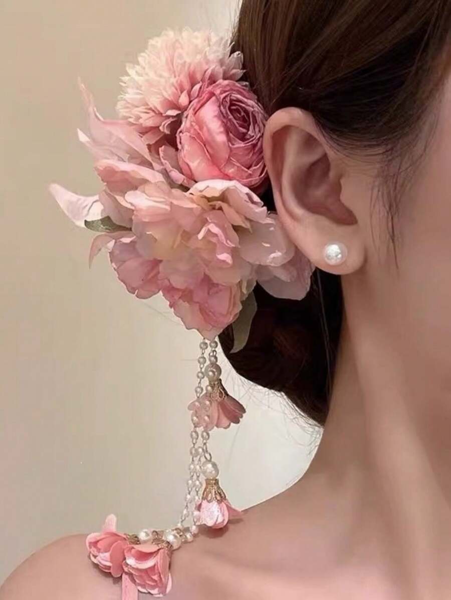 超級仙女粉色流蘇花朵髮夾 女款 旗袍側邊髮夾 海灘髮飾頭飾 - 粉色 - 查看 1