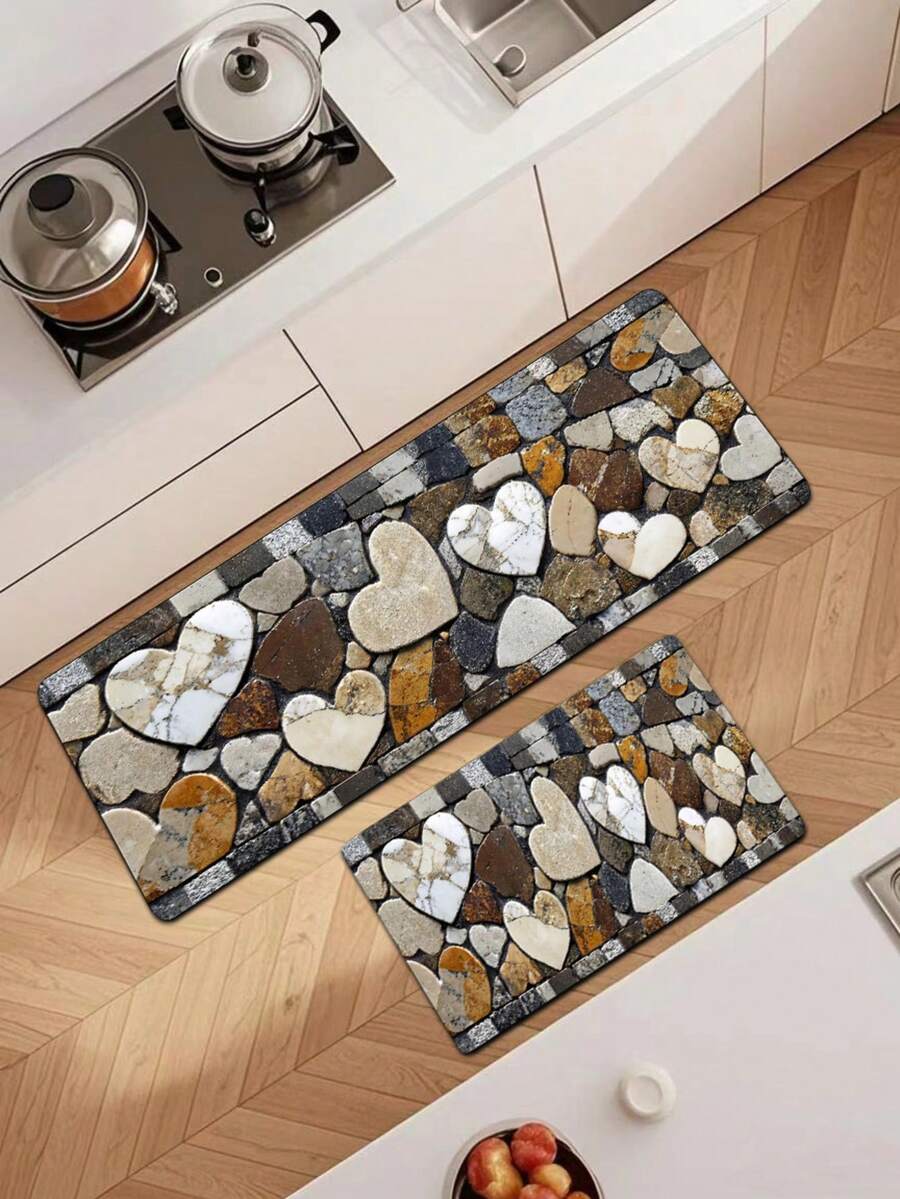 1pc Romantic Heart-Shaped Faux Pebble Diatom Mud Kitchen Mat, Multi-Color Stone Mosaic Fabric Absorbent Sponge Anti-Stain Rubber Bottom Soft Foot Mat, Kitchen Bathroom Entryway Living Room Multi-Scene Home Decor Small Rug - Multicolor - View 1