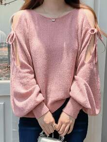 European Style Batwing Sleeve Sweater For Spring/Summer, Loose Top With V-Neck And Lantern Sleeves. - Pink - View 2