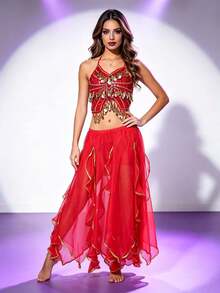 Professional Belly Dance Embroidered Coin Fringe Halter Crop Top, Elastic Waist Gold Trim Chiffon Skirt For Dance Training, Shows And Competitions - Multicolor - View 18