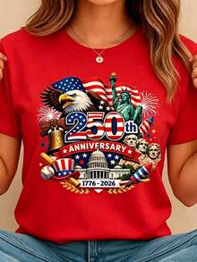 Summer T-Shirts 2026 For Men, Girls' T-Shirts, Women's Crew Neck Summer T-Shirt, US 250th Anniversary Patriotic Print, Regular Fit, Ideal For Celebrities - 紅色 - 查看 1