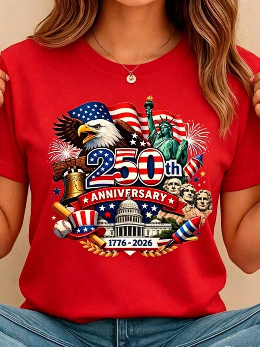 Summer T-Shirts 2026 For Men, Girls' T-Shirts, Women's Crew Neck Summer T-Shirt, US 250th Anniversary Patriotic Print, Regular Fit, Ideal For Celebrities - 紅色 - 查看 1