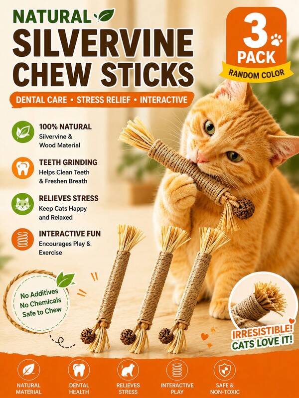 3 piezas Palitos de masticar para gatos de tejido natural - Juguete dental duradero, adecuado para gatos de interior, juguete interactivo, sin batería requerida, ayuda a mantener la salud dental | Material de tejido natural | Palito de masticar duradero, juguete interactivo