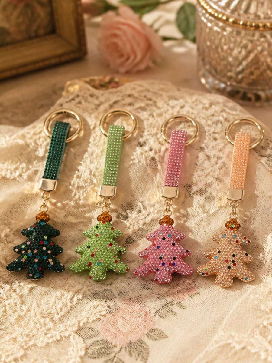 1件裝彩色水鑽聖誕樹鋅合金包包吊飾,金色環扣節日設計 - 彩色 - 查看 1