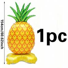 1 pieza Globo de papel de aluminio con forma de piña con base, 154 cm de altura, globo inflable reforzado a prueba de explosiones, estilo de vacaciones tropicales frescas con fondo naranja-amarillo y textura de cuadrícula realista y diseño de corona de hojas verde esmeralda, forma 3D de pie para colocación directa, globo de decoración de escena, adecuado para fiesta con tema de playa, fiesta de verano al aire libre, decoración de ambiente de banquete estilo isla - A - Ver 5