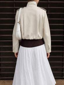 OUTTA BOX Minimalist Stand Collar Solid Color Faux Leather Fitted Jacket, Fashionable Solid Color Faux Leather Jacket With Epaulets, Elegant Spring Jacket - Beige - View 4