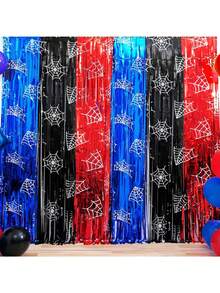 Rot Schwarz Blau Spinnen Geburtstags Party Dekoration, Spinnennetz Muster 3,3 X 6,6ft Folien Fransen Hintergrund, glänzender Garn Fotostudio Requisite, geeignet für Spinnen Party Zubehör, Halloween Party Dekoration, Horror Atmosphäre Dekoration - mehrfarbig - Übersicht 4