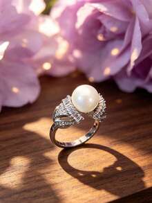 1pc Silver Crown Shaped Cocktail Ring, Inlaid With Rectangular And Round Pave Cubic Zirconia And White Faux Pearls, Suitable For Wedding Party, No Packaging Box - White - View 3