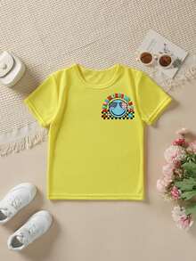 Fashionable Short-Sleeved T-Shirt For Boys 'American Independence Day' 'ALL AMERICA BOY' With Plaid Elements And Double-Sided Cartoon Print, Casual Outdoor Top - 酒紅色 - 查看 2