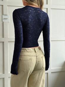 Elegant Solid Color Lace Asymmetric Top For Women - Navy Blue - View 2