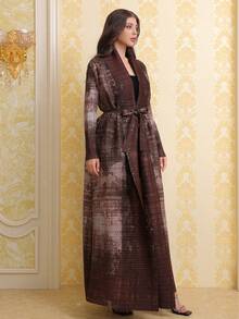 Middle Eastern Brown Printed Pleated Robe, Dubai-Style Elegant Plus-Size Coat, Arabian Women's Cardigan, Kafta (Exclusive Style). Z502 Vacation Fall - Brown - View 10