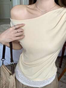 Women's 2-In-1 Asymmetric Shoulder Short Sleeve T-Shirt, Summer New Lace Patchwork Hem Slim Fit Top Yellow - Yellow - View 6