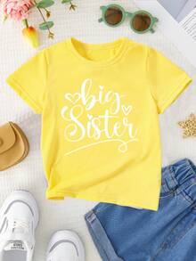Simple, Comfortable And Sweet T-Shirt For Girls With A "Big Sister" Letter Print. - 黃色 - 查看 2