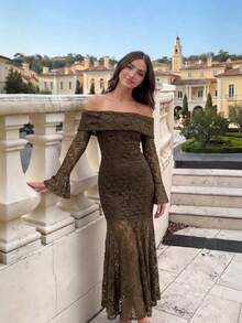 Autumn/Winter Fashion Elegant Fitted Knit Jacquard Floral Pattern Romantic Party Elegant Jacquard Off-Shoulder Long Dress Long Sleeve Bell Cuffs Hem Patchwork Design Fully Lined - Army Green - View 6