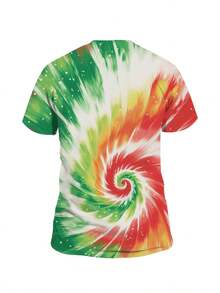 1 Camiseta de manga corta para hombre, tejido de poliéster ligeramente elástico, estampado de patrón en espiral multicolor, estilo bohemio urbano, uso para todas las estaciones, ropa de vera - Negro - Ver 3