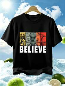 Alien Believe Graphic Men's T-Shirt, Spring, Crew Neck, Loose Fit, Casual, Comfortable, Graphic Design - Black - View 1