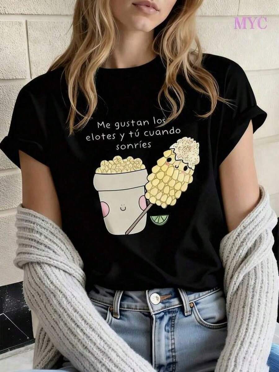 Camisetas Para Mujer AlgodónCamiseta Y2K divertida con diseño de elotes y un adorable personaje que sonríe ideal para amantes de la comida mexicana y la cultura pop. Perfecta para hacer una - Negro - Ver 1
