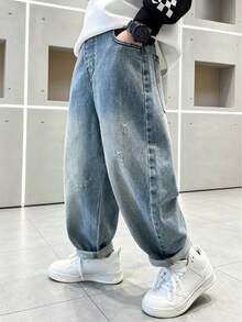 Tween Boy Straight Leg Loose Casual Denim Jeans With Pockets, Spring/Autumn - Light Wash - View 7