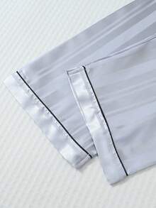 2 Peças/Conjunto Pijama Feminino de Cetim Listrado, Top de Manga Longa com Gola e Calça Longa com Laço, Conjunto de Roupa de Dormir e Roupa de Casa Casual - Cinza - Visão 7