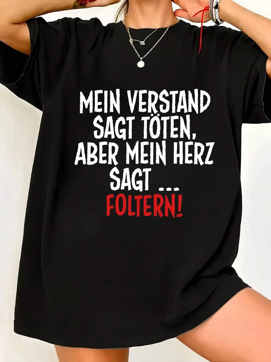 Plus Size, German Contrast: My Mind Says Kill, But My Heart Says Torture. Red And White Impact Theme, Letter Print, Women's Casual Short Sleeve T-Shirt, Mu Top - 黑色 - 查看 1