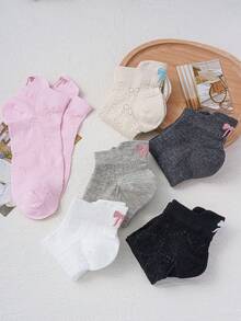 6 Pairs New Spring/Summer Fashion Solid Color Bow Embroidery Print Women's Lightweight Hollow-Out Sweat-Absorbent Random Color Elastic Short Socks, Elegant Versatile Breathable Durable - Multicolor - View 5