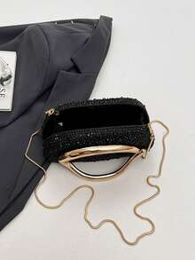 Women's Rhinestone Rounded Rectangular Evening Clutch, Curved Oval Front Handle Handbag, Fashion Crossbody Bag, Suitable For Wedding, Ball, Valentine's Day Party - Black - View 6
