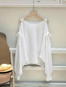 European Style Batwing Sleeve Sweater For Spring/Summer, Loose Top With V-Neck And Lantern Sleeves. - White - View 3