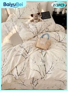 2/3 pièces Ensemble de housse de couette imprimé branche de fleur de prunier beige, sans rembourrage de couette, literie ultra douce et respirante pour toutes les saisons, 1 housse de couette avec 1/2 taies d'oreiller, design bicolore, lavable en machine, taille Twin/Full/Queen/King pour la chambre - Multicolore - Voir 1