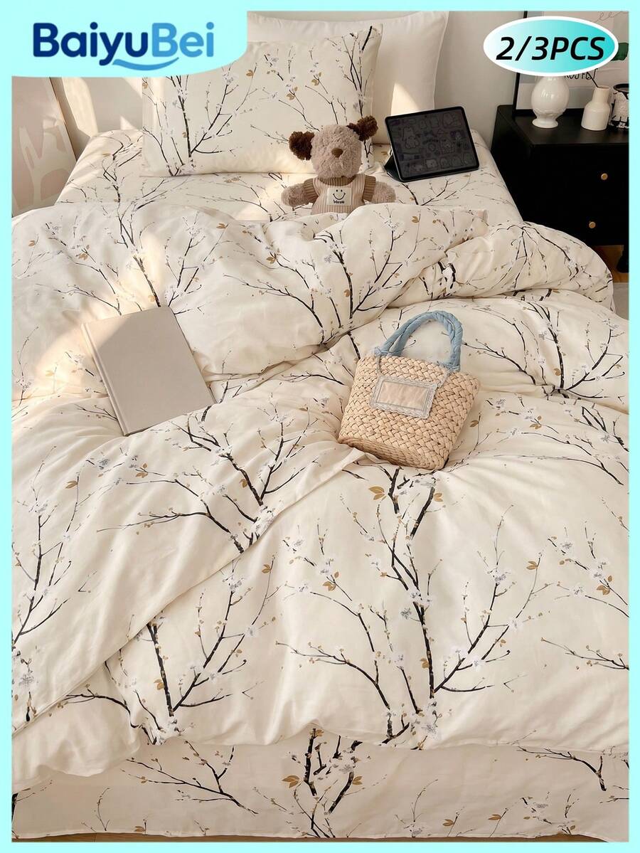 2/3 pièces Ensemble de housse de couette imprimé branche de fleur de prunier beige, sans rembourrage de couette, literie ultra douce et respirante pour toutes les saisons, 1 housse de couette avec 1/2 taies d'oreiller, design bicolore, lavable en machine, taille Twin/Full/Queen/King pour la chambre - Multicolore - Voir 1
