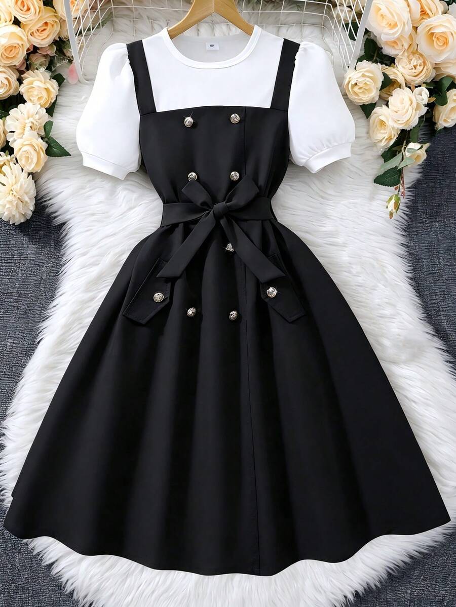 Girls' Summer Double-Breasted Suspender Dress Short Sleeve 2 In 1 Dress - Black - View 1