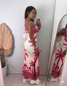 Elegant Dress With Tropical Floral Prints. - 粉紅色的椰子樹 - 查看 2