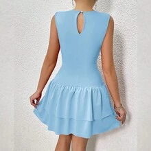 Nuevo vestido de verano para mujer, sin mangas, de color liso, con drapeado y bajo con volantes. - Blanco - Ver 3