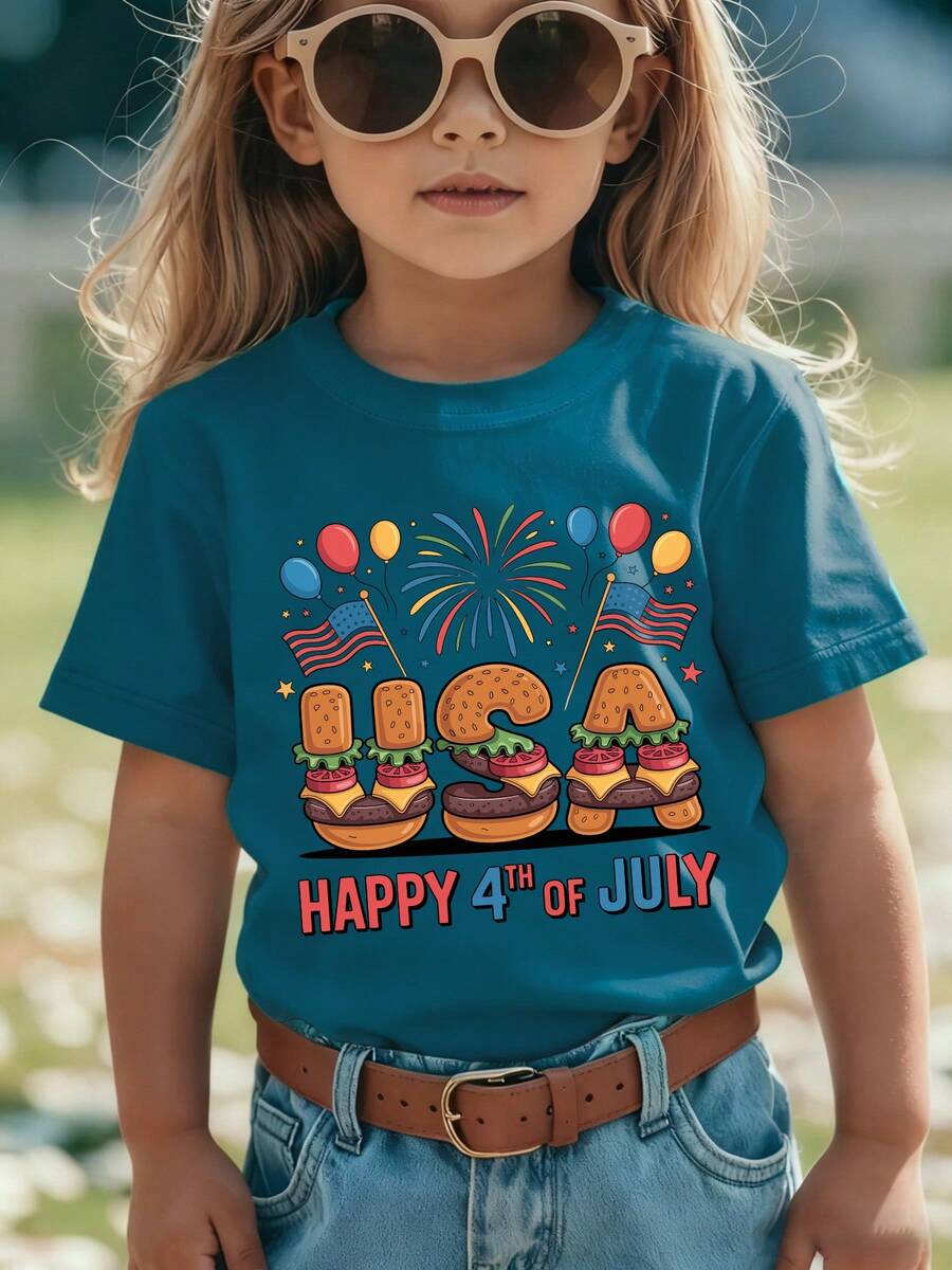 Girls' Short-Sleeved T-Shirt From The 'American Independence Day' Collection With Cartoon Prints Such As 'HAPPY 4TH OF JULY', Hamburger, United States, American Flag - 藍色 - 查看 1