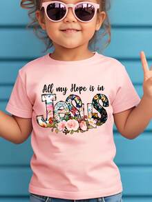 Girls' Round Neck T-Shirt With Letter And Flower Print "All My Hope Is In Jesus", Sweet And Versatile. - Army Green - View 11