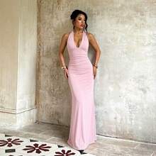 1pc Solid Color Elegant Casual Sexy Party Knit Fabric Back Tie Dress For Vacation Beach Back To School Party Bachelorette Party Spring Summer Pink - Pink - View 3