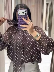 Women's Long-Sleeved Shirt With High Neck And Moon Print, Simple Casual Blouse, Fashionable Blouse For Working Women. - 乳白色 - 查看 7