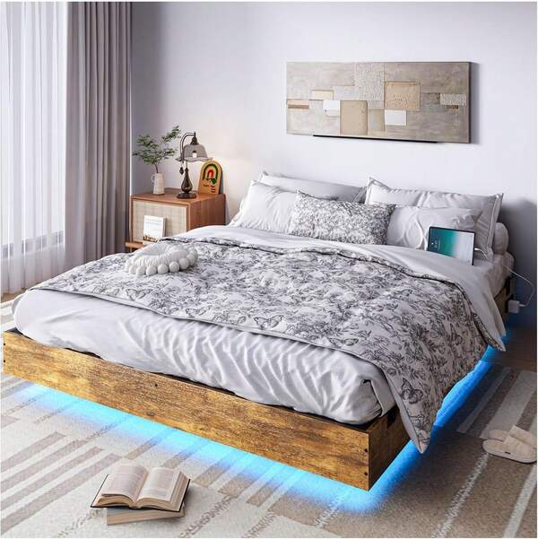 SIMPLE ESPACIO Base Cama Matrimonial Flotante,cabecera Flotante matrimonial con cabecera de Almacenamiento (Estructura de Cama Flotante con cabecero)