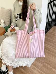 Striped Tote Shoulder Bag, Casual And Lightweight, Suitable For Daily Use, Travel, School, Shopping, Perfect For Outings Or Gifts - Multicolor - View 3